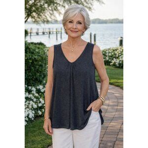 Eileen Fisher Green 100% Linen Tank Top Small Gathered Charcoal Grey size SMALL